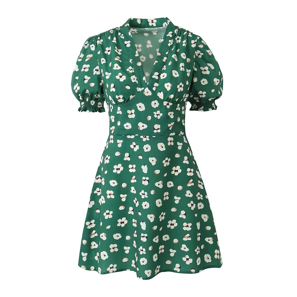 Green Shivering Short Sleeve Dress Women Summer Slim Fit V neck Slimming Tea Break