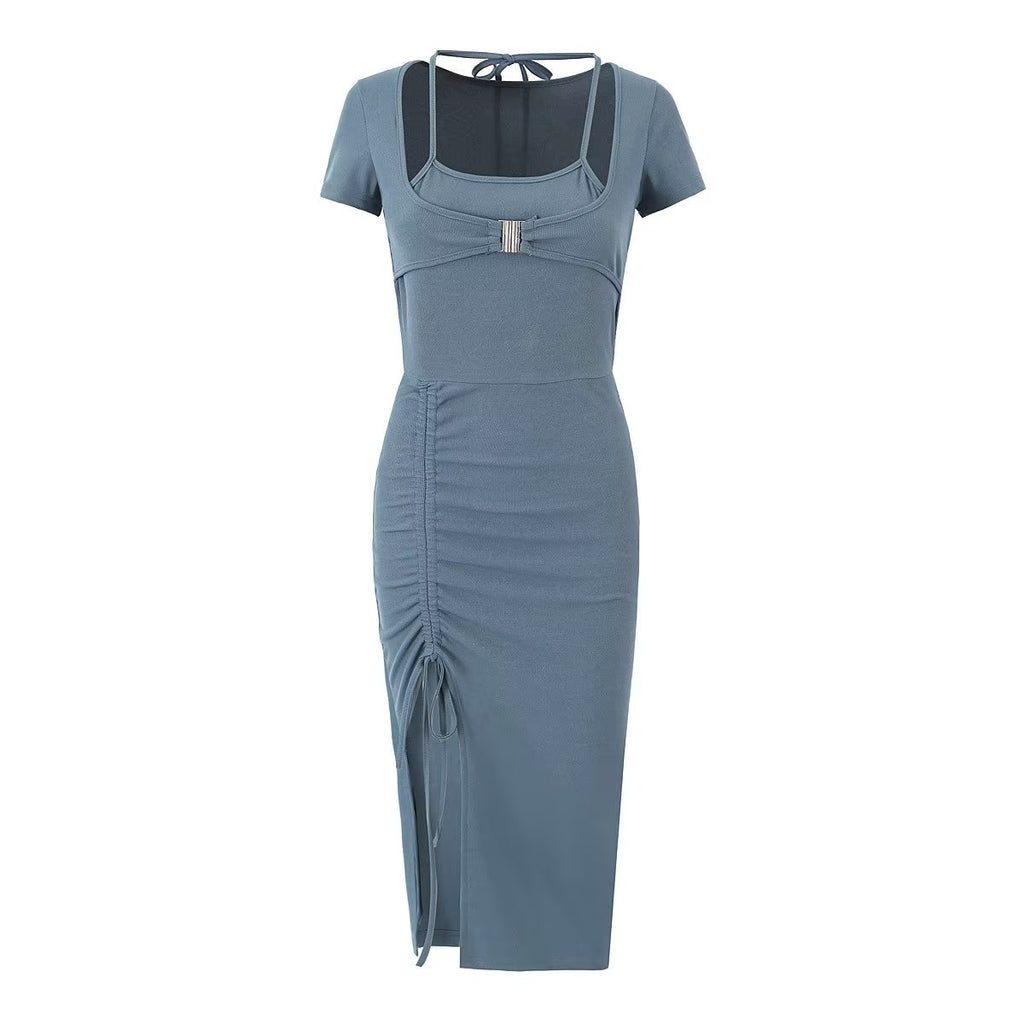 Robe sexy plissée fendue sur le côté, style sac d'école d'été, fausse robe dos nu deux pièces