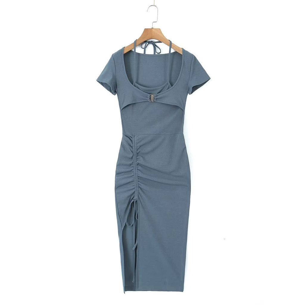Robe sexy plissée fendue sur le côté, style sac d'école d'été, fausse robe dos nu deux pièces