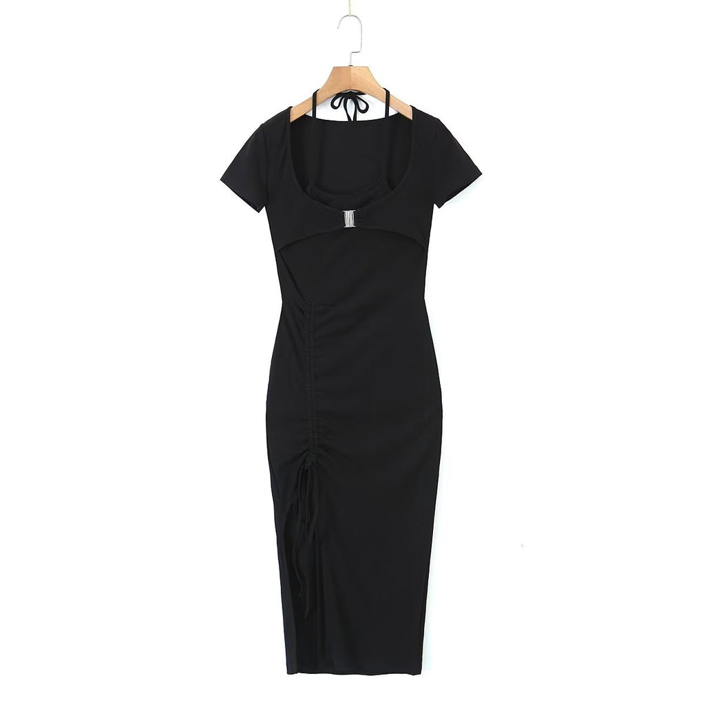 Robe sexy plissée fendue sur le côté, style sac d'école d'été, fausse robe dos nu deux pièces