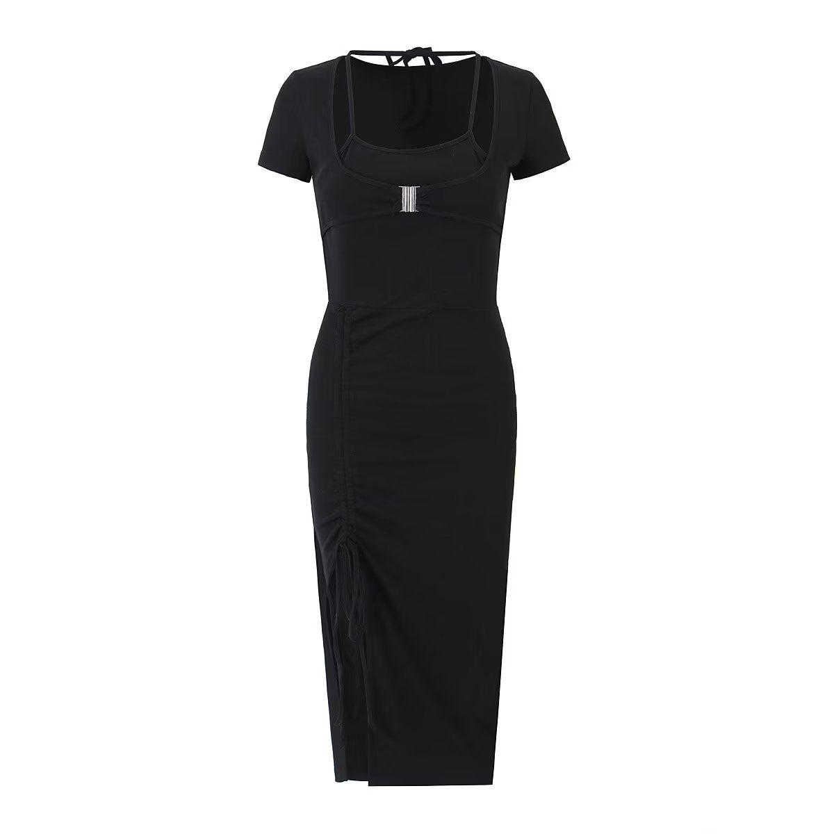 Robe sexy plissée fendue sur le côté, style sac d'école d'été, fausse robe dos nu deux pièces