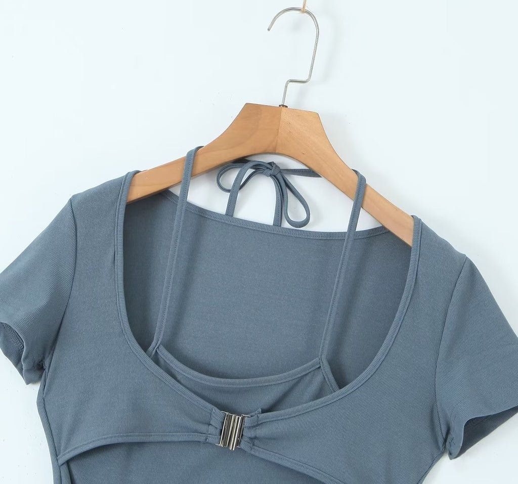 Robe sexy plissée fendue sur le côté, style sac d'école d'été, fausse robe dos nu deux pièces