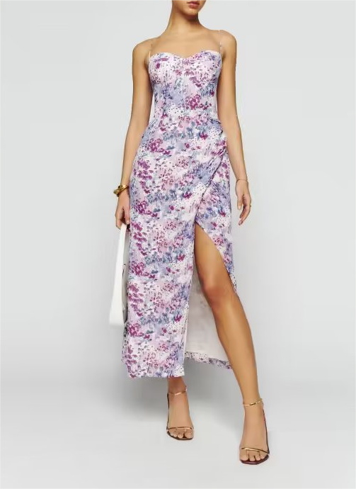 Summer Slim Fit V neck Red Floral Side Split Sling Mid Length Dress