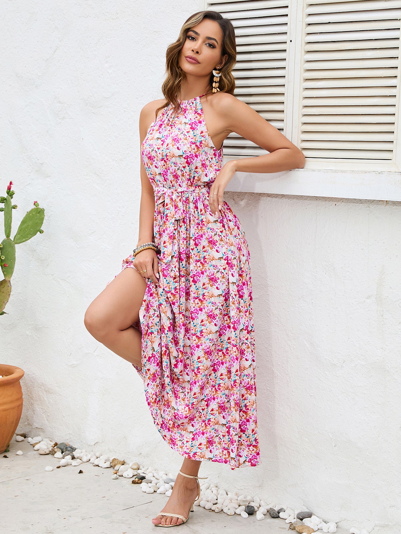 Women New Open shoulder Halter Sling Rack Cotton Printed Strap Large Swing Dress