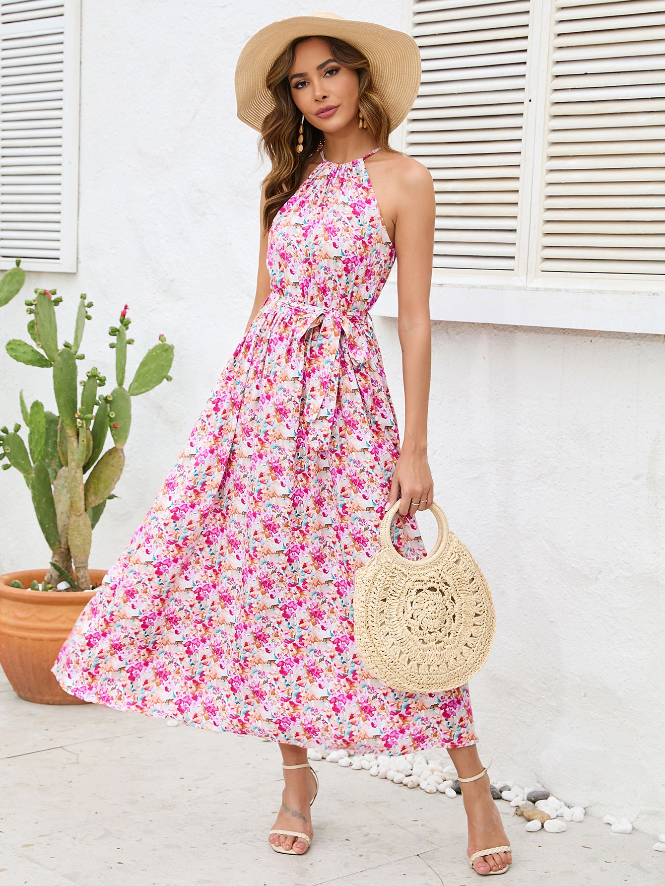 Women New Open shoulder Halter Sling Rack Cotton Printed Strap Large Swing Dress