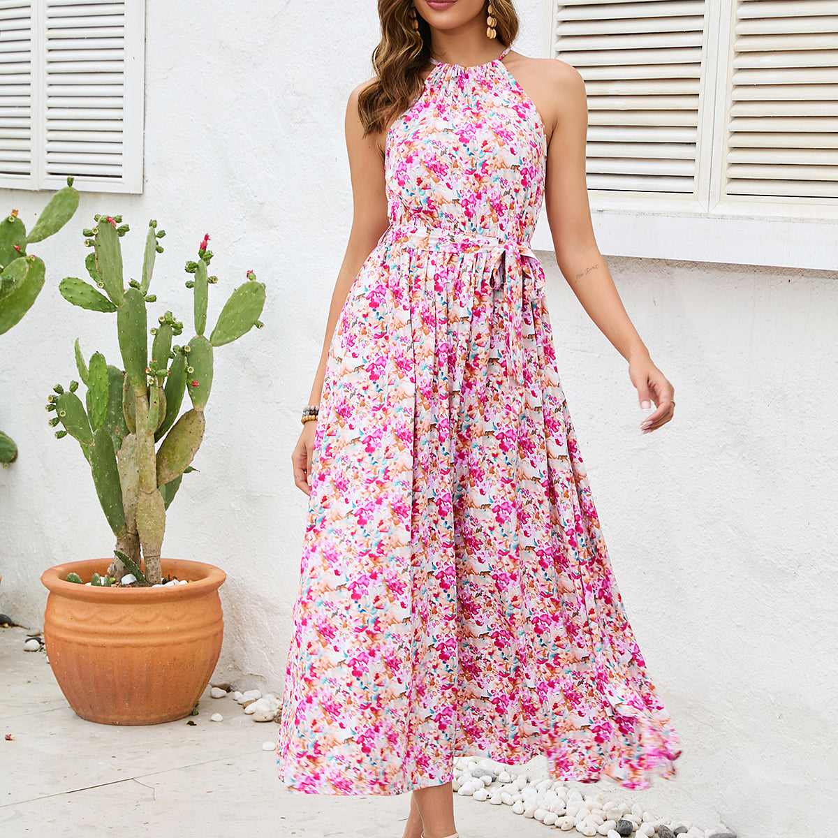 Women New Open shoulder Halter Sling Rack Cotton Printed Strap Large Swing Dress
