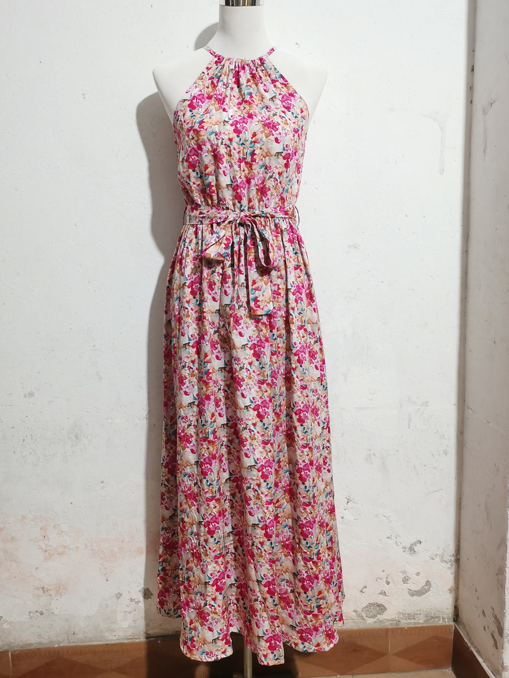 Women New Open shoulder Halter Sling Rack Cotton Printed Strap Large Swing Dress
