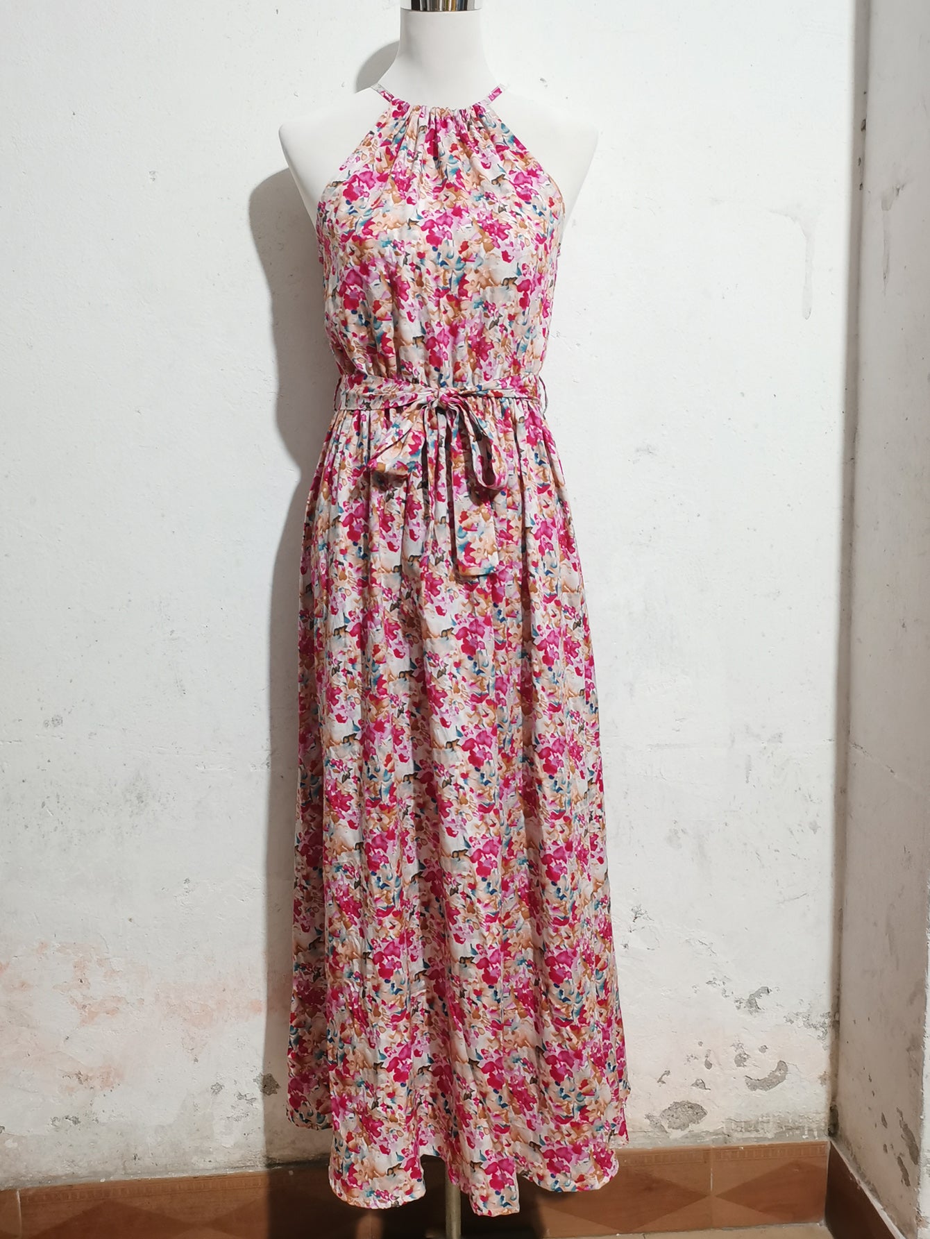 Women New Open shoulder Halter Sling Rack Cotton Printed Strap Large Swing Dress