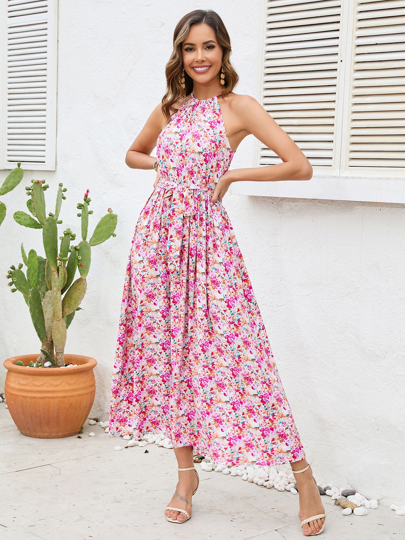 Women New Open shoulder Halter Sling Rack Cotton Printed Strap Large Swing Dress