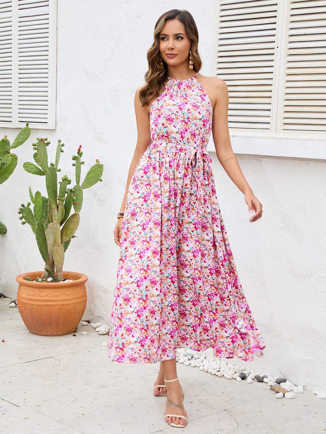 Women New Open shoulder Halter Sling Rack Cotton Printed Strap Large Swing Dress