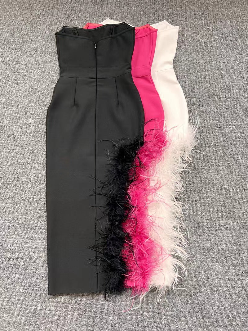 Summer High Waist Feather Split Sleeveless Tube Top Midi Dress Sexy Sweet Dress