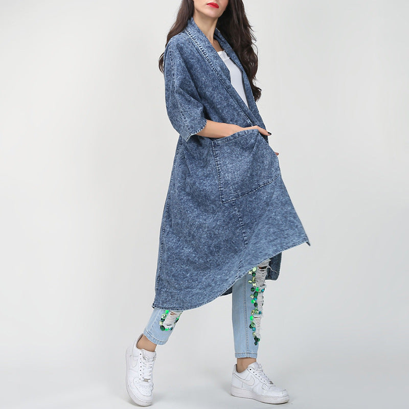 Manteau Trench Long en Jean pour Femme, à Revers Amples, Manches Mi-Longues et Ourlet Asymétrique Irrégulier, Collection Automne Hiver