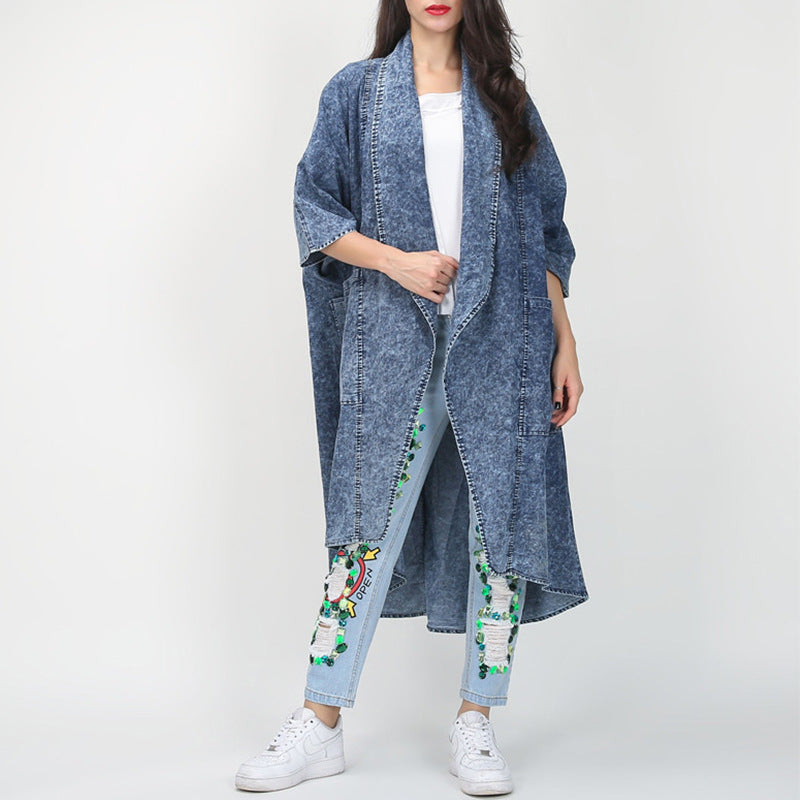 Manteau Trench Long en Jean pour Femme, à Revers Amples, Manches Mi-Longues et Ourlet Asymétrique Irrégulier, Collection Automne Hiver