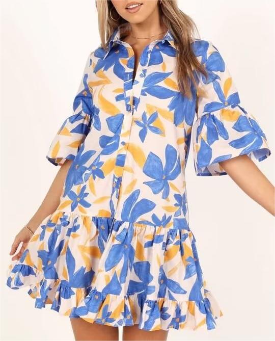Robe courte bleue à fleurs pour femme, printemps