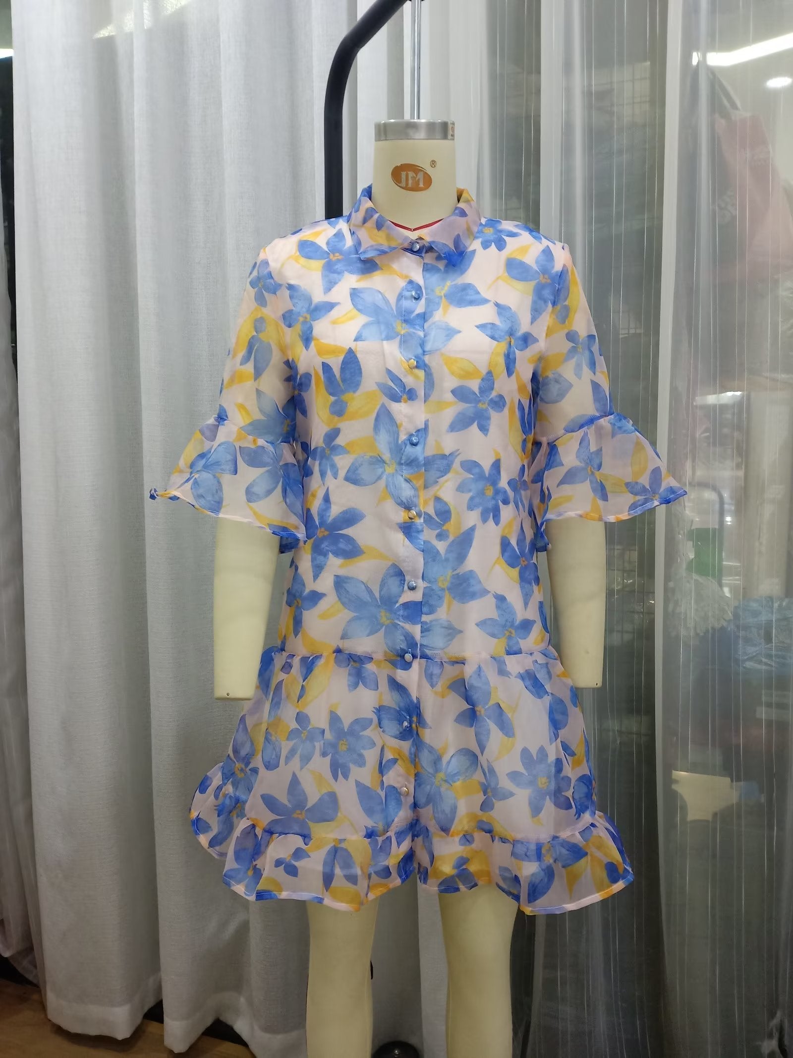Robe courte bleue à fleurs pour femme, printemps