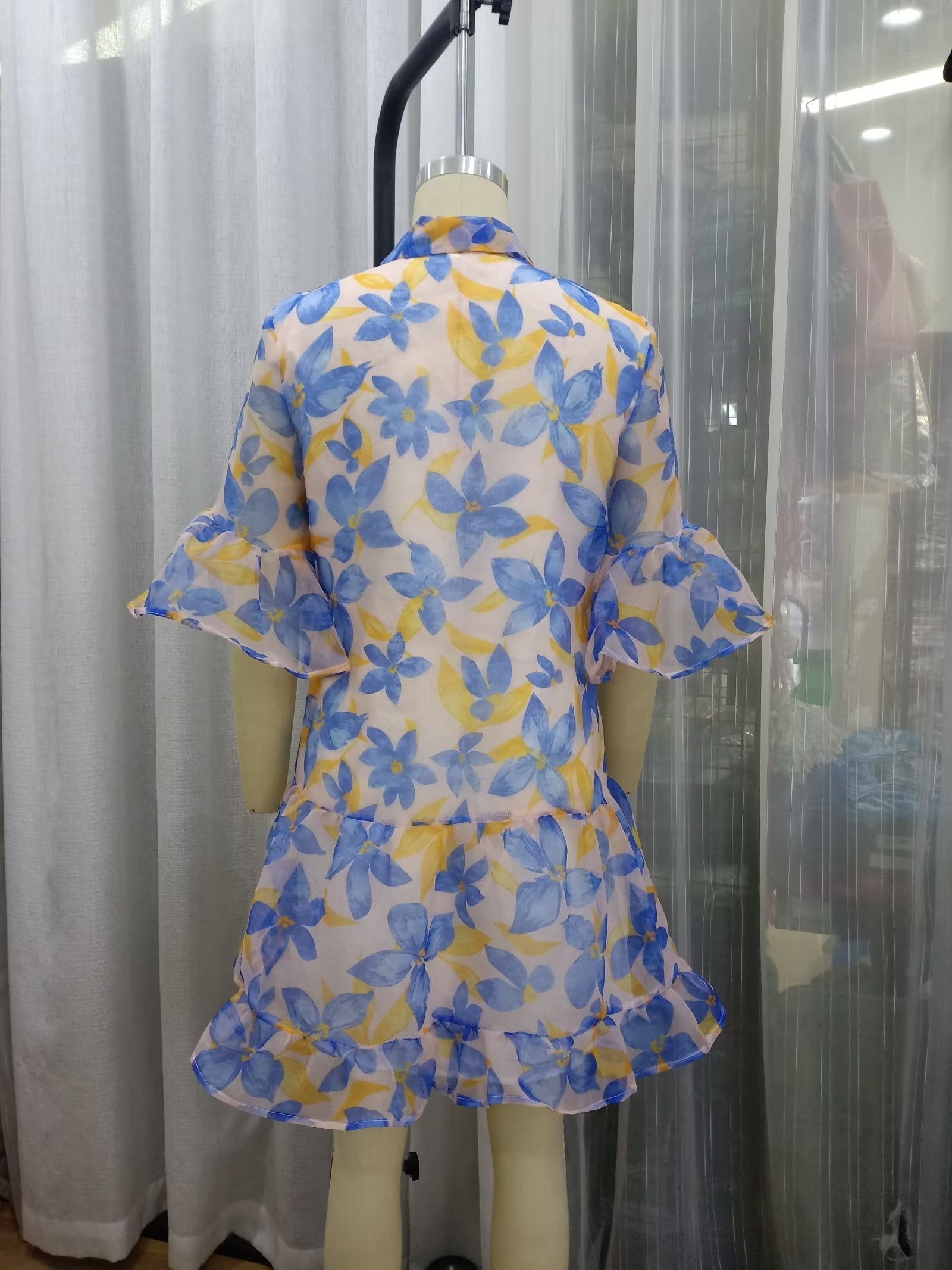 Robe courte bleue à fleurs pour femme, printemps
