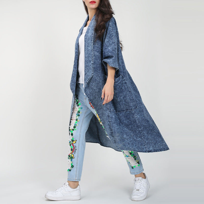 Manteau Trench Long en Jean pour Femme, à Revers Amples, Manches Mi-Longues et Ourlet Asymétrique Irrégulier, Collection Automne Hiver