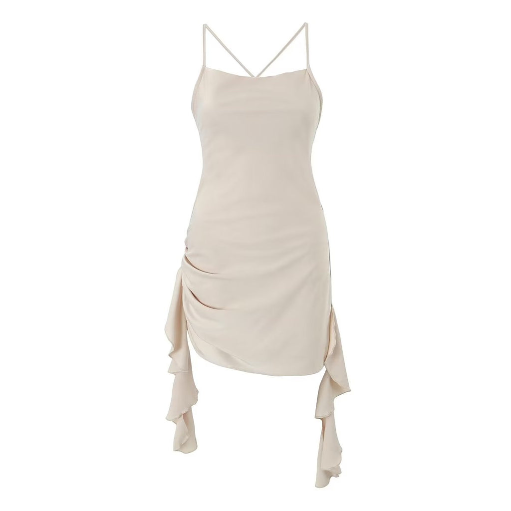Vestido sexy de primavera con escote en V, espalda descubierta y lazo floral tridimensional, ajustado y sexy.