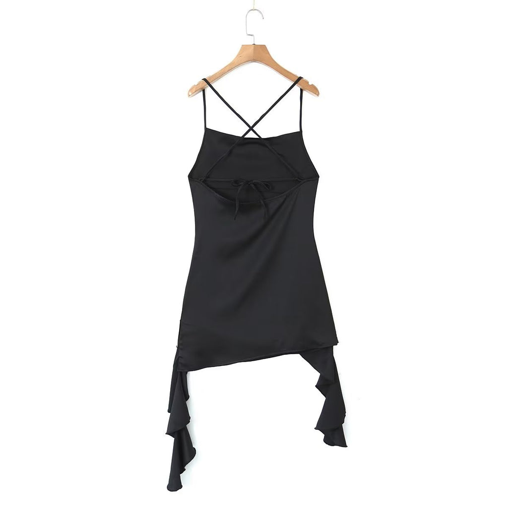Vestido sexy de primavera con escote en V, espalda descubierta y lazo floral tridimensional, ajustado y sexy.