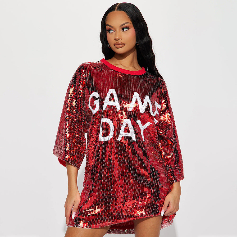Round Neck Half Sleeved Loose Sequin Printed Dress Women Party Sequin Model Night Club Graphic