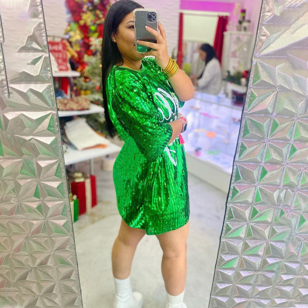 Round Neck Half Sleeved Loose Sequin Printed Dress Women Party Sequin Model Night Club Graphic