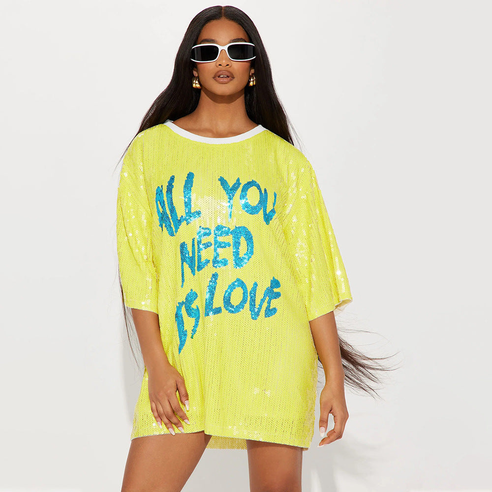 Round Neck Half Sleeved Loose Sequin Printed Dress Women Party Sequin Model Night Club Graphic
