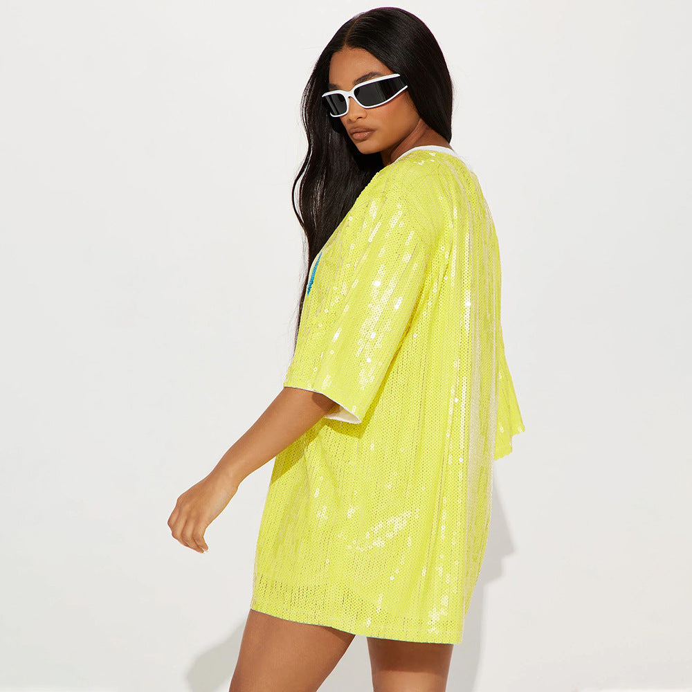 Round Neck Half Sleeved Loose Sequin Printed Dress Women Party Sequin Model Night Club Graphic