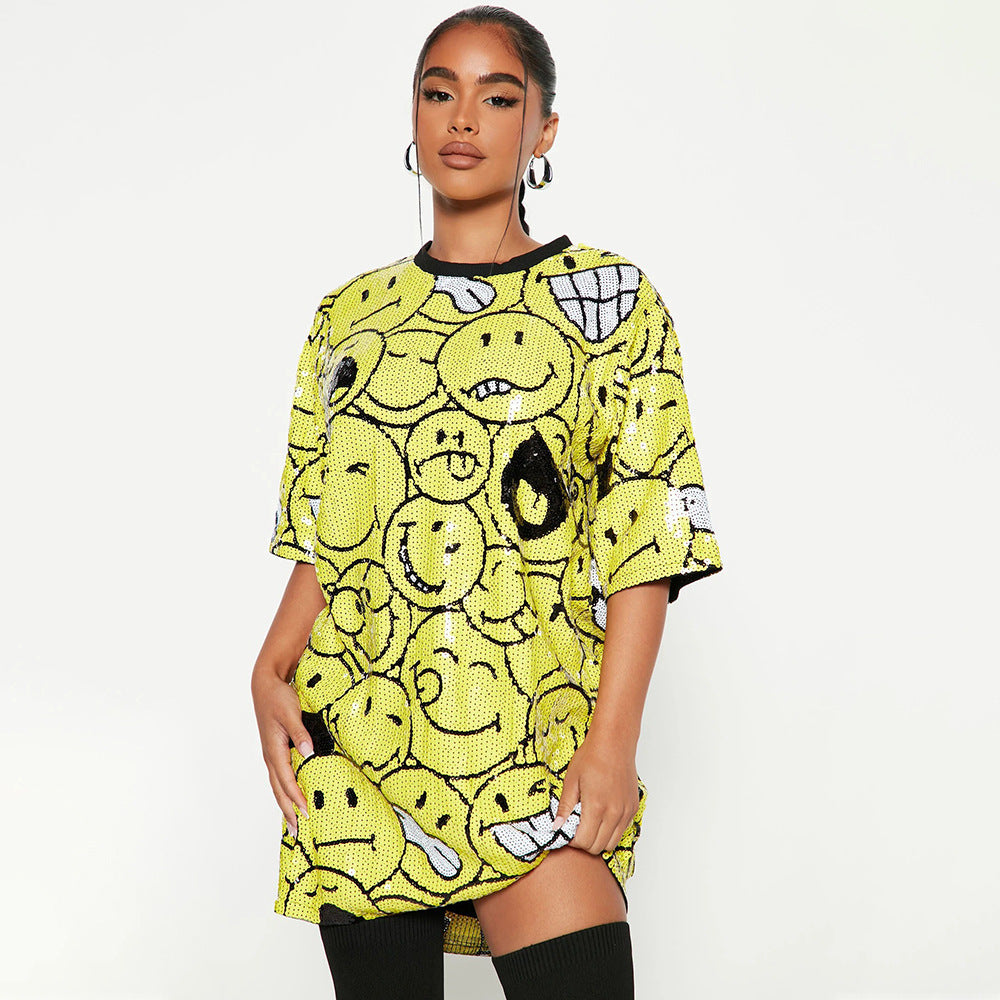 Round Neck Half Sleeved Loose Sequin Printed Dress Women Party Sequin Model Night Club Graphic