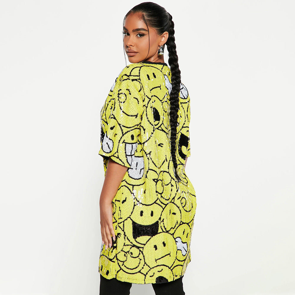 Round Neck Half Sleeved Loose Sequin Printed Dress Women Party Sequin Model Night Club Graphic