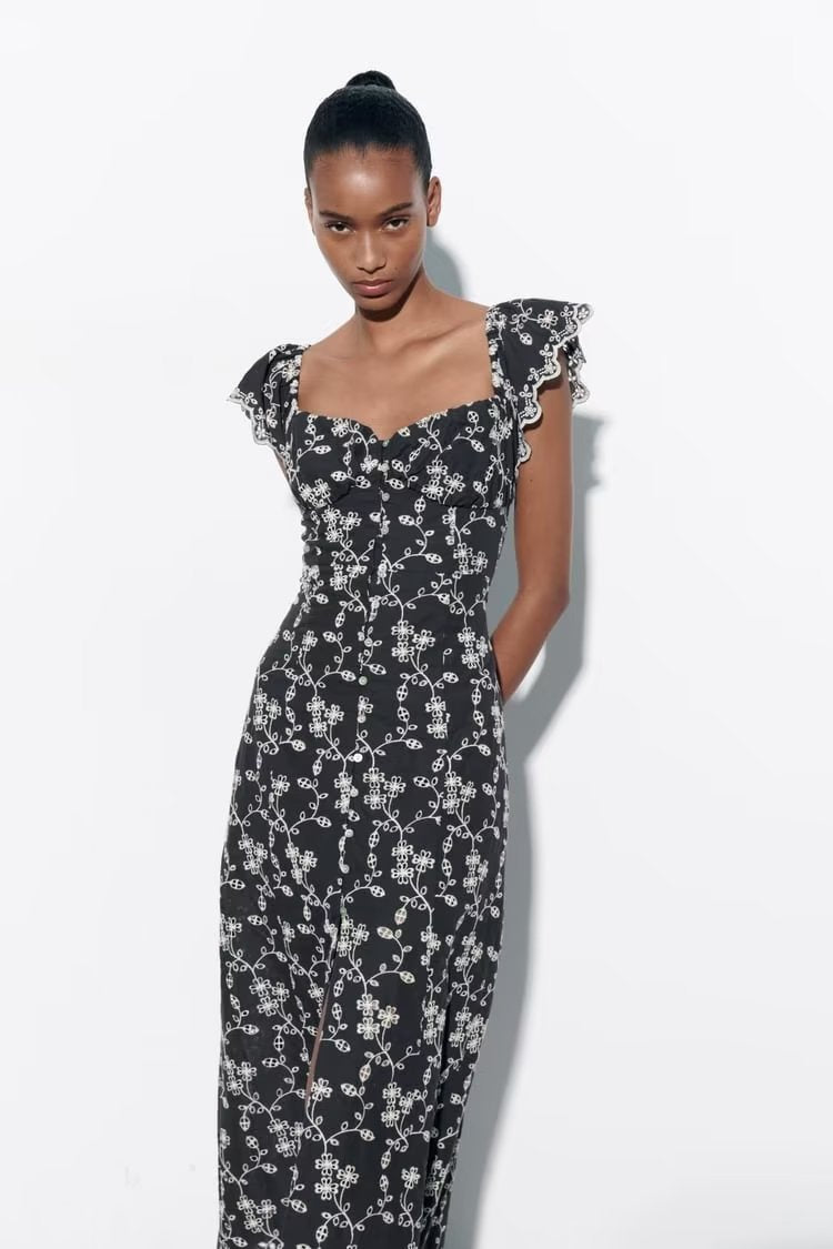 Floral Embroidered Single Breasted Waist Midi Dress Dress Summer Women