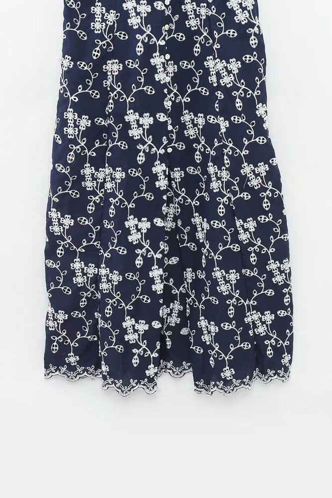 Floral Embroidered Single Breasted Waist Midi Dress Dress Summer Women