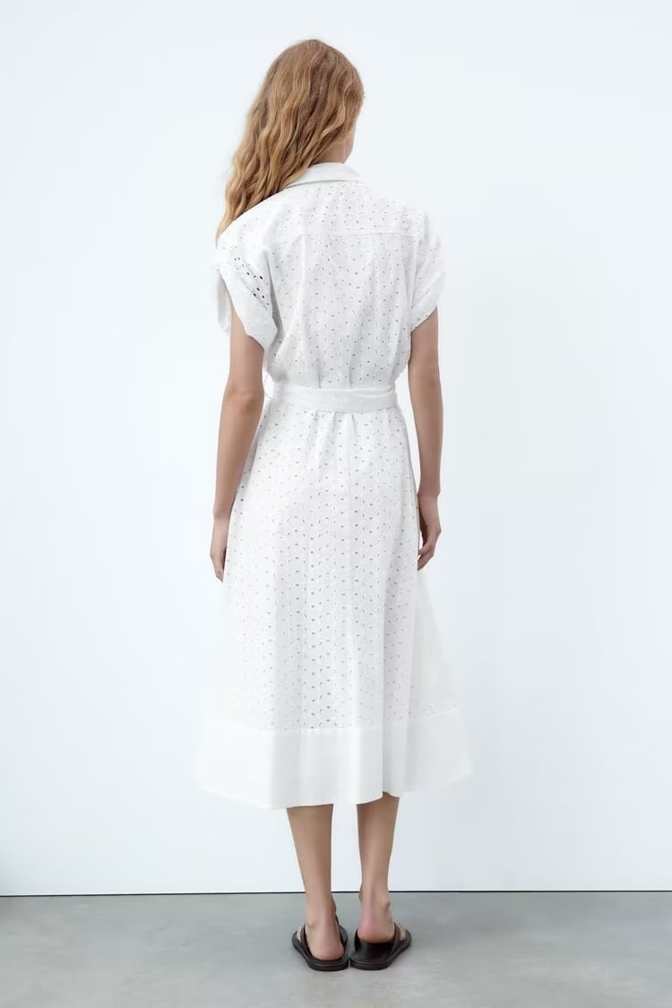 Summer Women Clothing Collared Short Sleeve Embroidered Midi Dress Dress