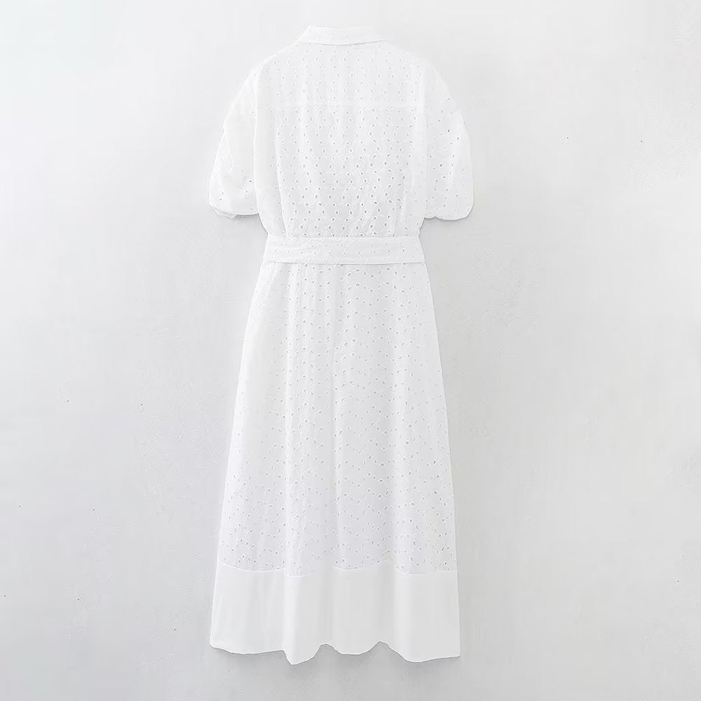 Summer Women Clothing Collared Short Sleeve Embroidered Midi Dress Dress