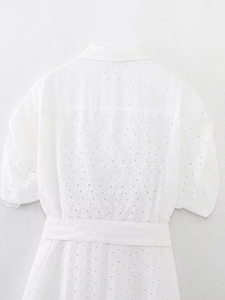 Summer Women Clothing Collared Short Sleeve Embroidered Midi Dress Dress