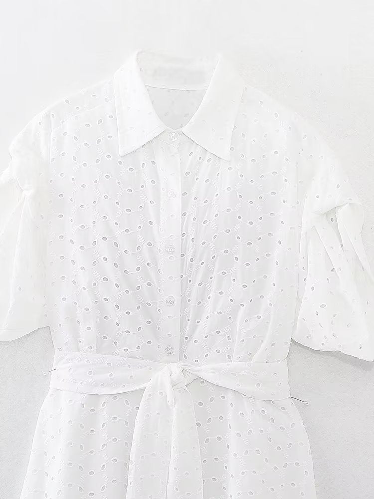 Summer Women Clothing Collared Short Sleeve Embroidered Midi Dress Dress