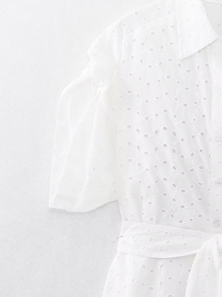 Summer Women Clothing Collared Short Sleeve Embroidered Midi Dress Dress