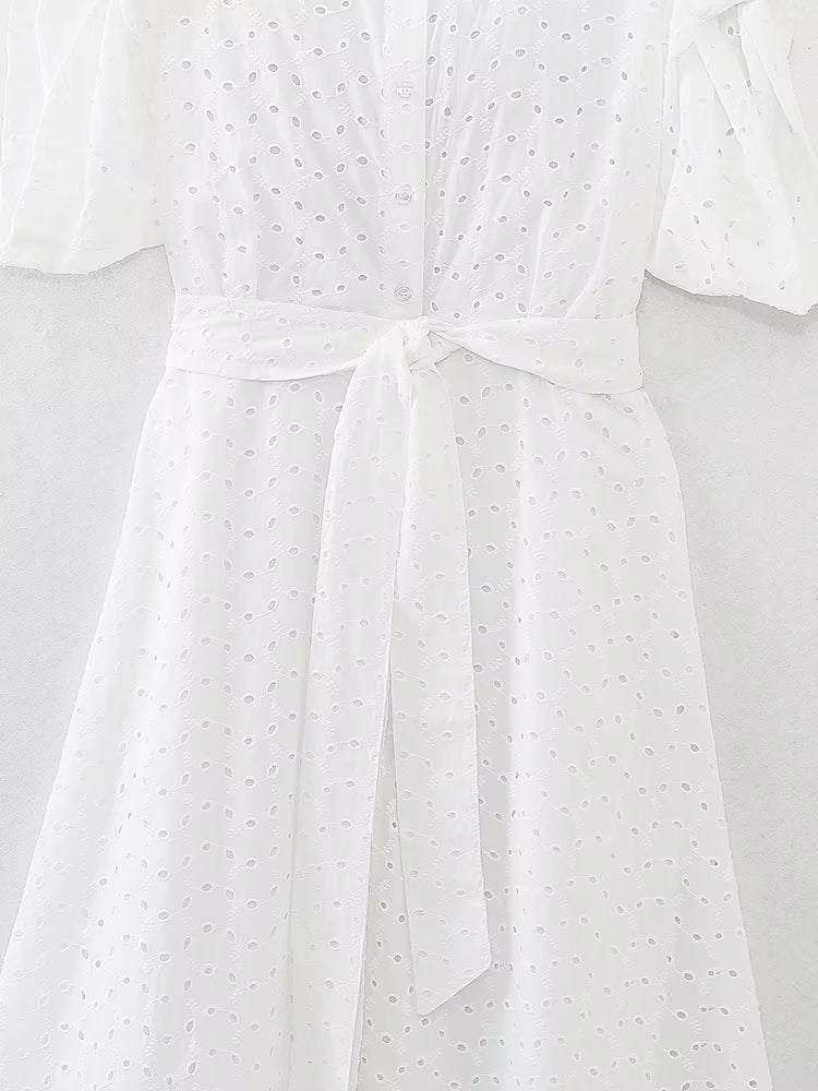 Summer Women Clothing Collared Short Sleeve Embroidered Midi Dress Dress