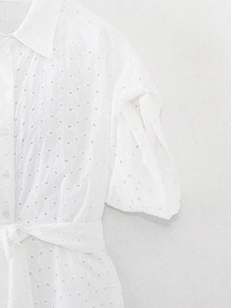 Summer Women Clothing Collared Short Sleeve Embroidered Midi Dress Dress