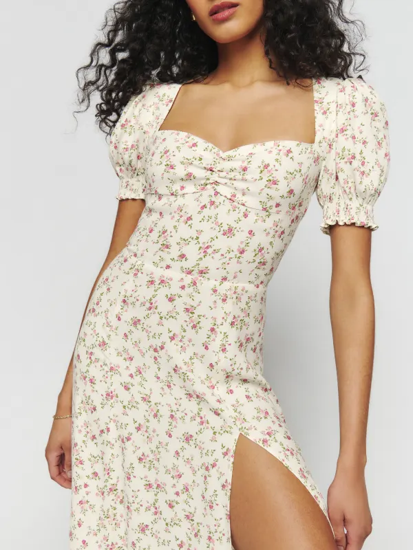 Vestido midi de verano elegante francés ajustado con abertura en la cintura alta y cuello cuadrado estampado sexy