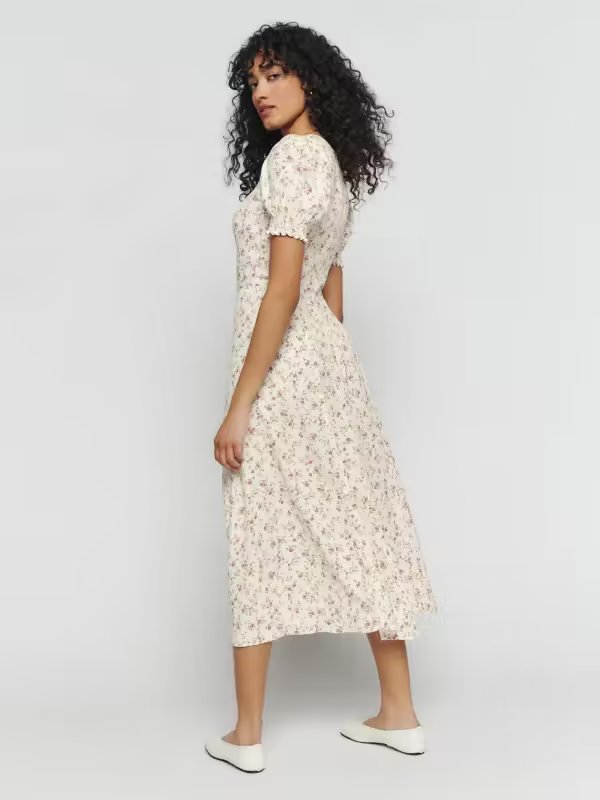 Vestido midi de verano elegante francés ajustado con abertura en la cintura alta y cuello cuadrado estampado sexy