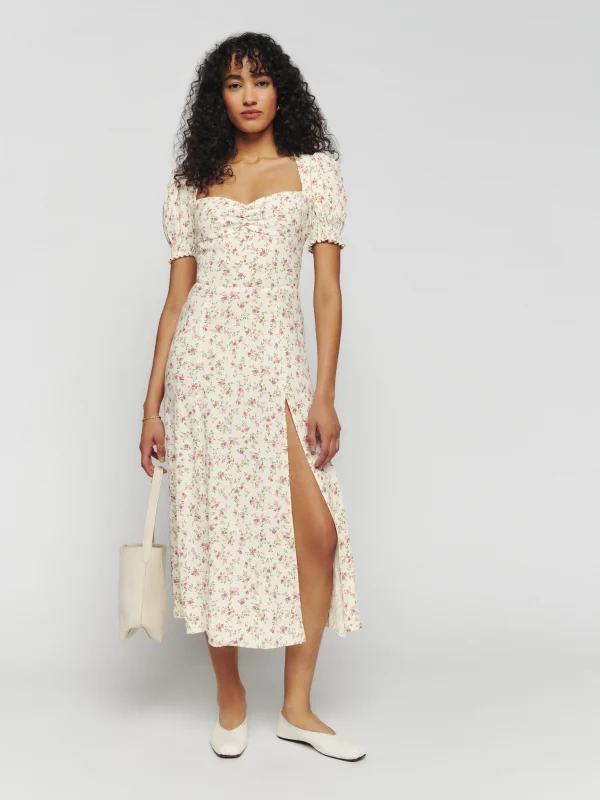 Vestido midi de verano elegante francés ajustado con abertura en la cintura alta y cuello cuadrado estampado sexy