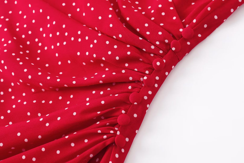 V neck Short Sleeved A line Dress Sexy Side Split Mid Length Polka Dot Dress Summer Trendy Women Clothing