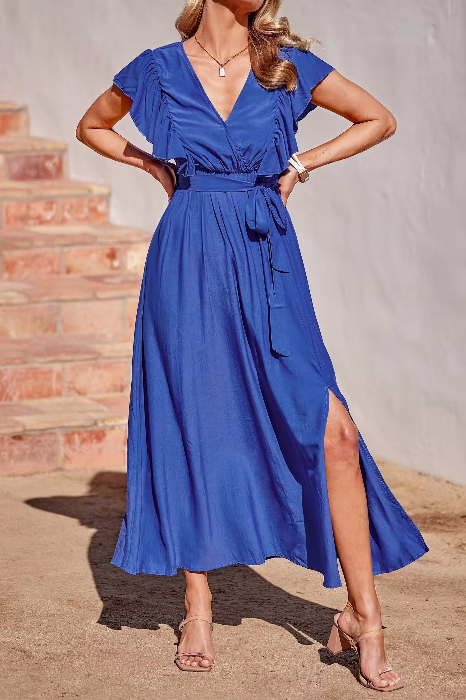 Summer Women Clothing French Sexy Backless V neck Sleeveless Waist Slimming Dress