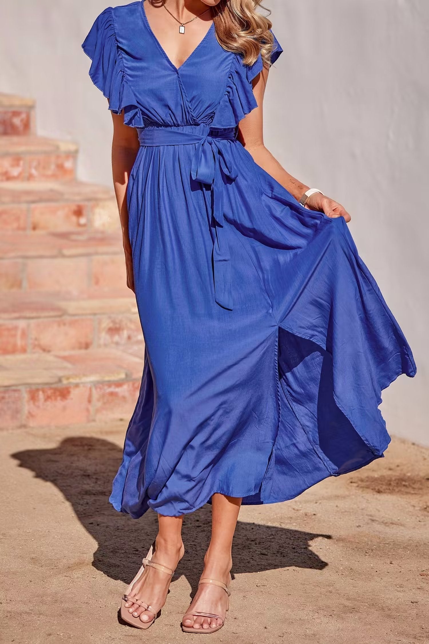 Summer Women Clothing French Sexy Backless V neck Sleeveless Waist Slimming Dress