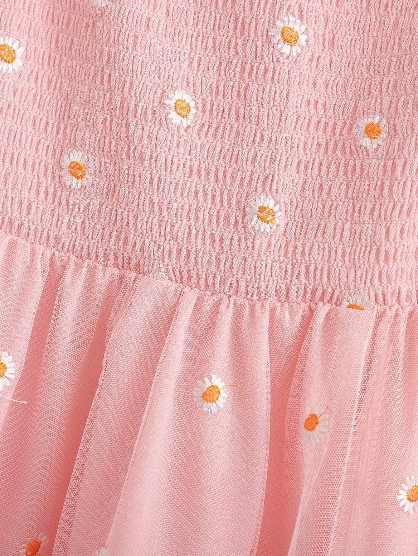 Spring Women Clothing French Square Collar Puff Sleeve Mesh Embroidered High Waist Slimming Dress