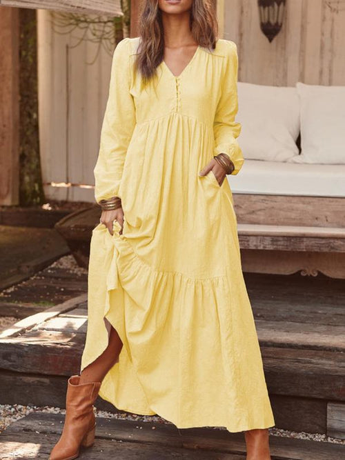Vestido informal retro de manga larga con botones de algodón y lino para mujer, vestido holgado de otoño e invierno, multicolor
