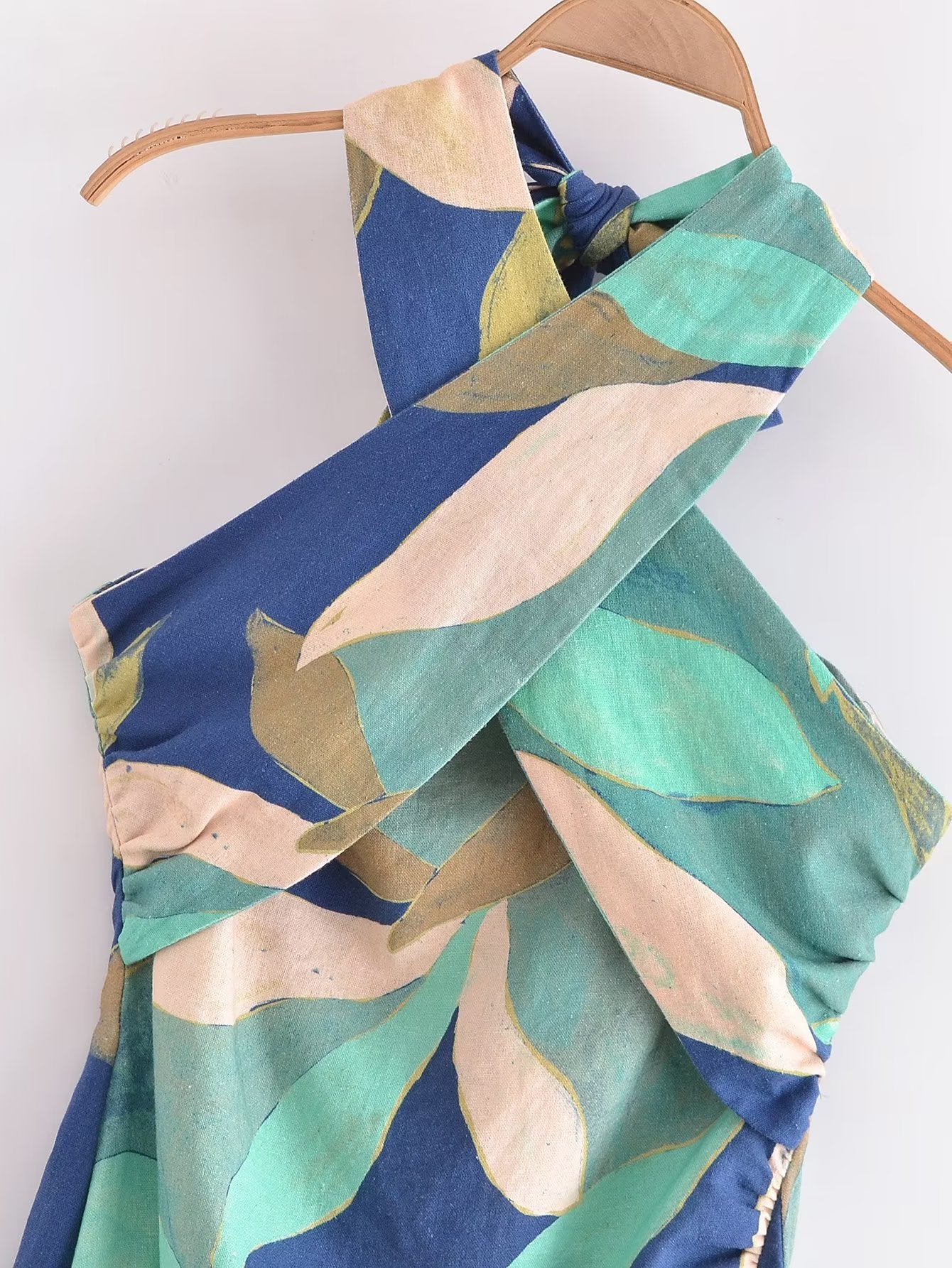 Summer Women Clothing Linen Blended Printed Midi Dress Dress