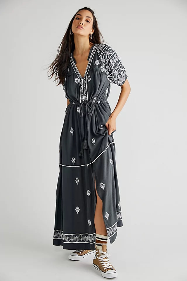 Women New Spring and Autumn Daily Elegant Cotton Embroidered Lace Up Long Dress