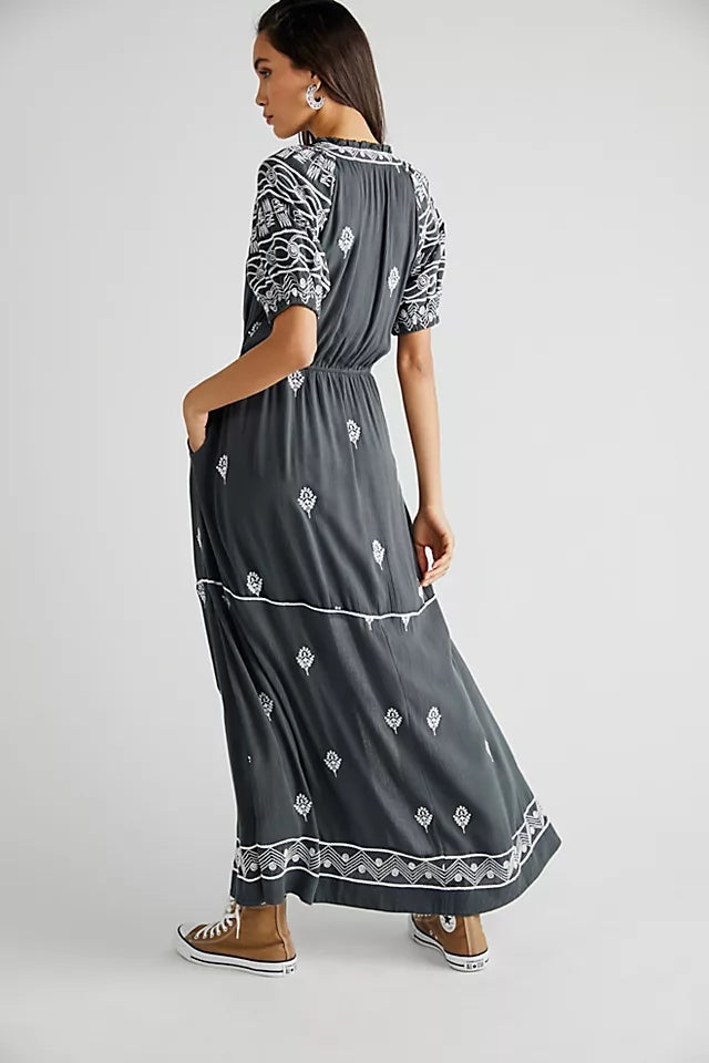 Women New Spring and Autumn Daily Elegant Cotton Embroidered Lace Up Long Dress