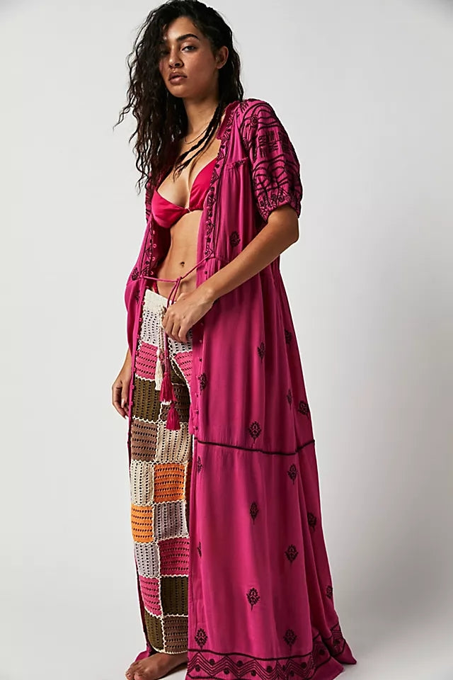 Women New Spring and Autumn Daily Elegant Cotton Embroidered Lace Up Long Dress